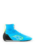 Alpinestars Supertech K Shoes FIA, racingsko til karting, lyseblå med sorte og fluorescerende gule detaljer, høj model med fuldt strikket overdel, hvidt stjerne-logo, professionelt racing-fodtøj