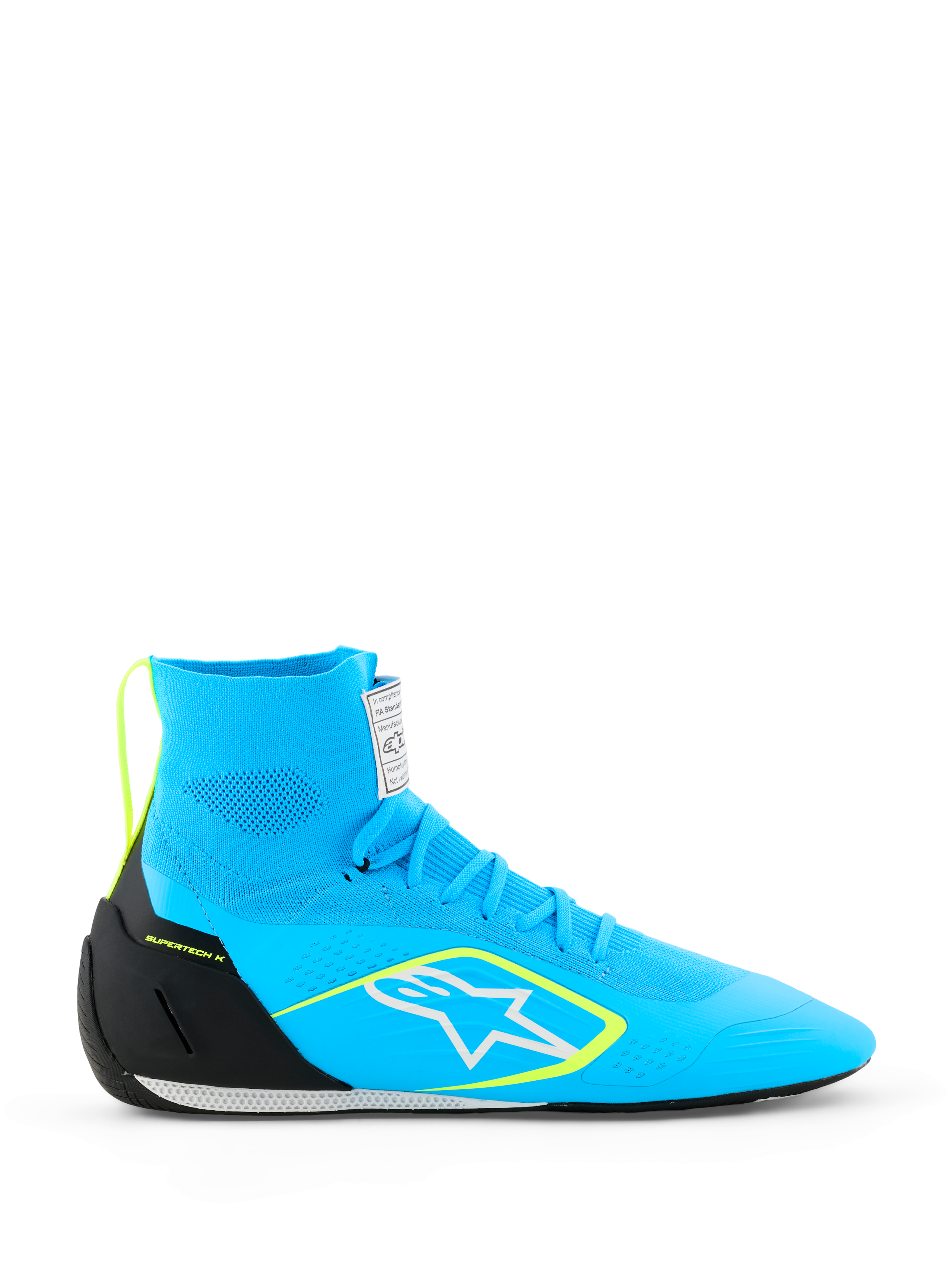 Alpinestars Supertech K Shoes FIA, racingsko til karting, lyseblå med sorte og fluorescerende gule detaljer, høj model med fuldt strikket overdel, hvidt stjerne-logo, professionelt racing-fodtøj