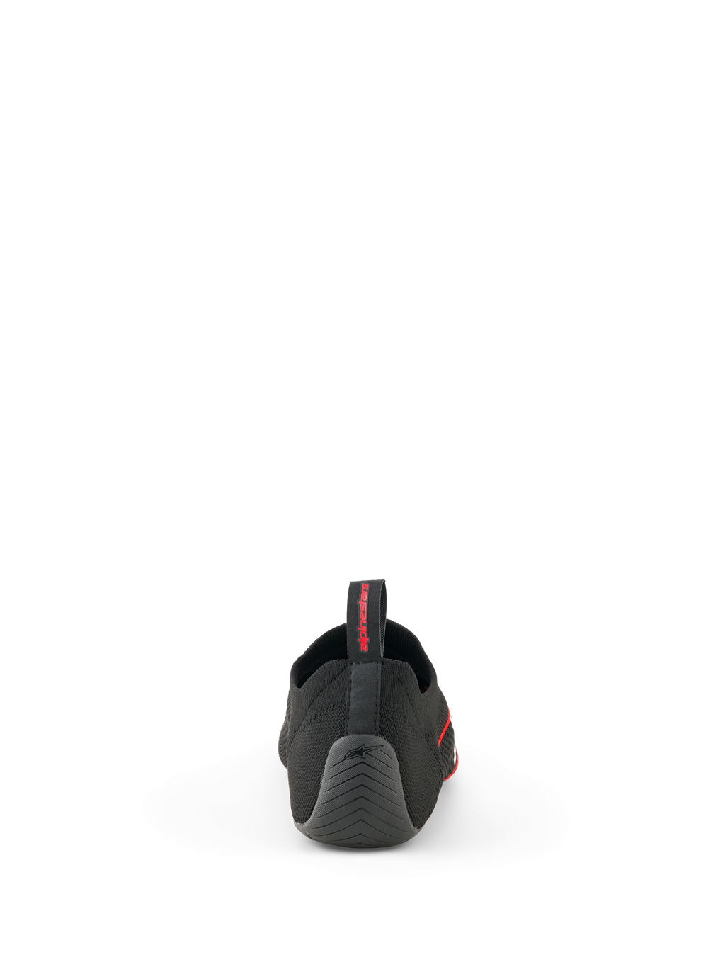 Alpinestars Tech Gaming Sko, sort, set bagfra, viser den sømløse strikkede overdel, tekstureret gummihæl med stjerne-logo og bagerste trækstrop med rød branding, SIM-racing fodtøj