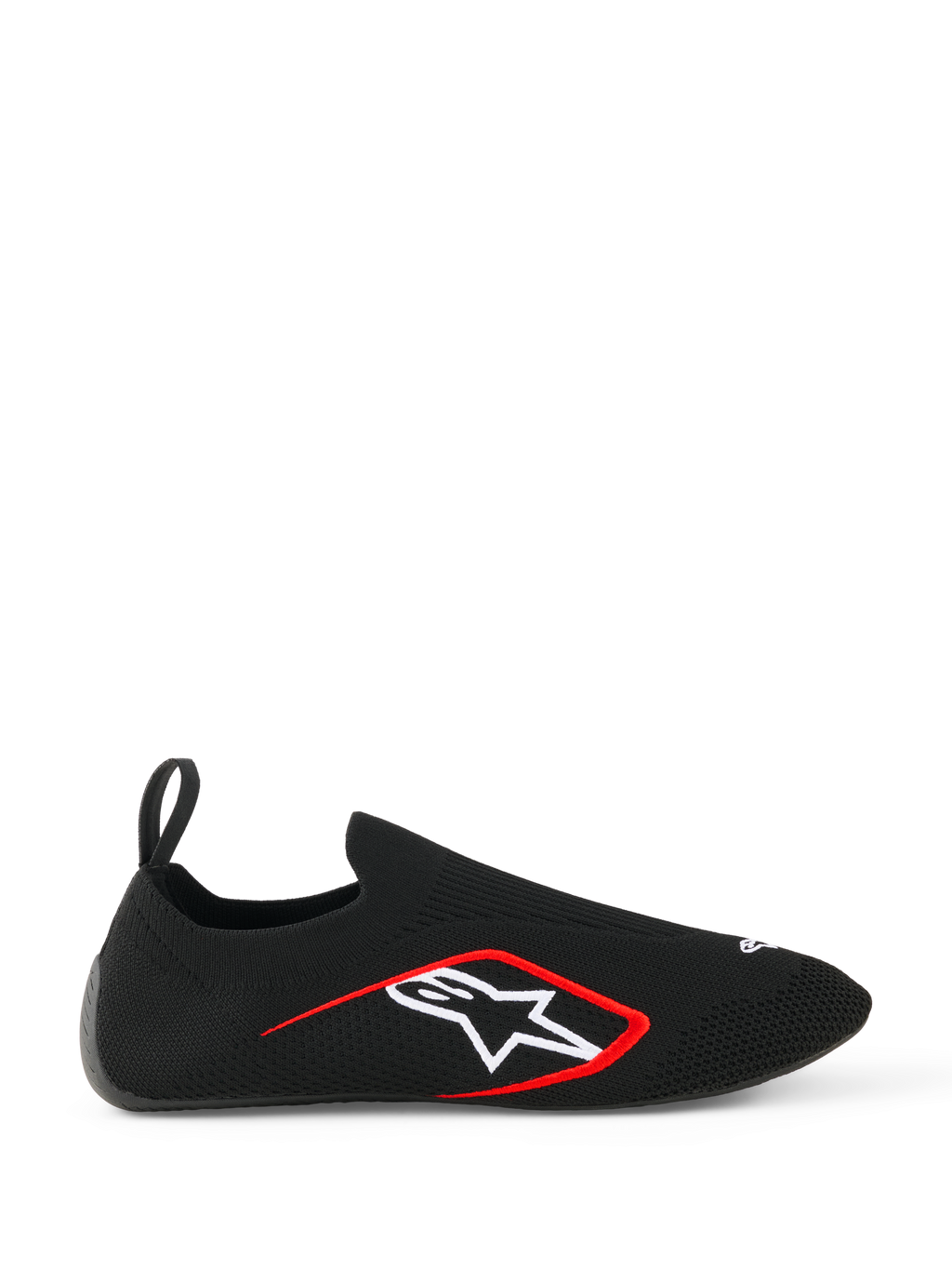 Alpinestars Tech Gaming-sko, sim-racingsko, sort, sideprofil der viser en sømløs strikket strækoverdel, hvidt Alpinestars stjerne-logo med rød kant, trækstrop bagpå, sokkelignende pasform til virtuel racing