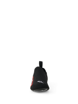 Alpinestars Tech Gaming-sko, sim-racing-fodtøj, sort, set forfra med en sømløs strikket strækoverdel, lille hvidt Alpinestars-logo på tåen, rødt og hvidt sidelogo, letvægtsdesign for pedalfølsomhed og komfort