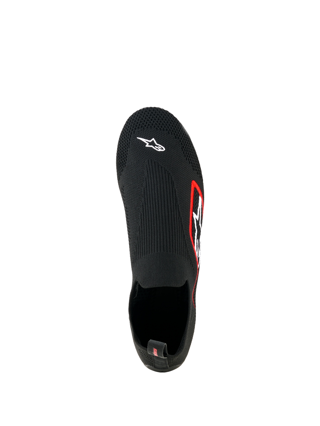 Alpinestars Tech Gaming sko, sim-racing-fodtøj, sort, set fra oven, sømløs strikket strækoverdel med hvidt Astar-logo på tåen, logo med rød kant på siden, letvægts sok-lignende design