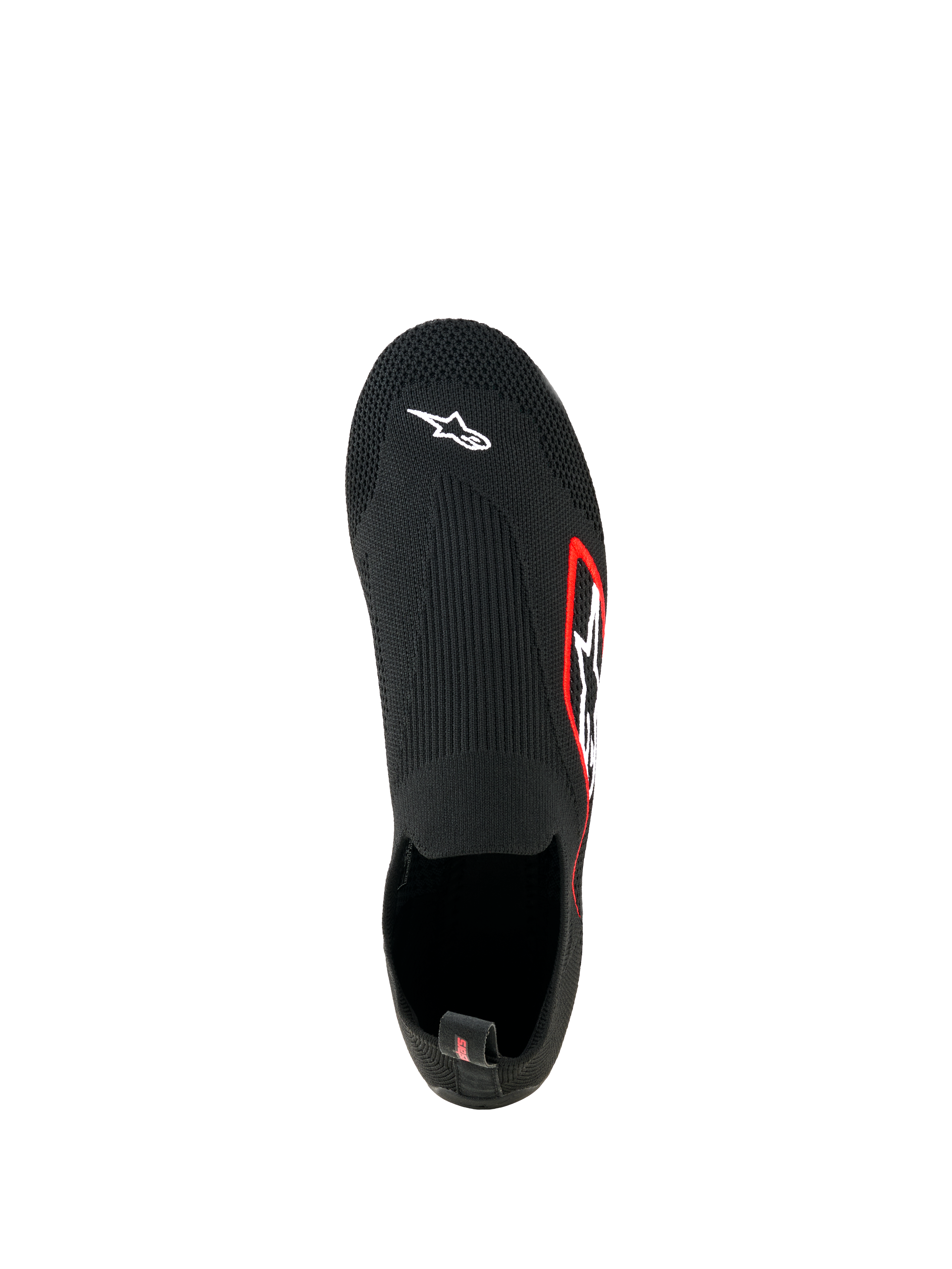 Alpinestars Tech Gaming sko, sim-racing-fodtøj, sort, set fra oven, sømløs strikket strækoverdel med hvidt Astar-logo på tåen, logo med rød kant på siden, letvægts sok-lignende design
