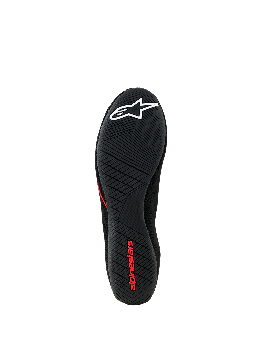 Alpinestars Tech Gaming Sko, visning af ydersål, sort ultratynd gummisål med tekstureret gribemønster, hvidt stjernelogo og rød Alpinestars-branding, SIM-racing-fodtøj