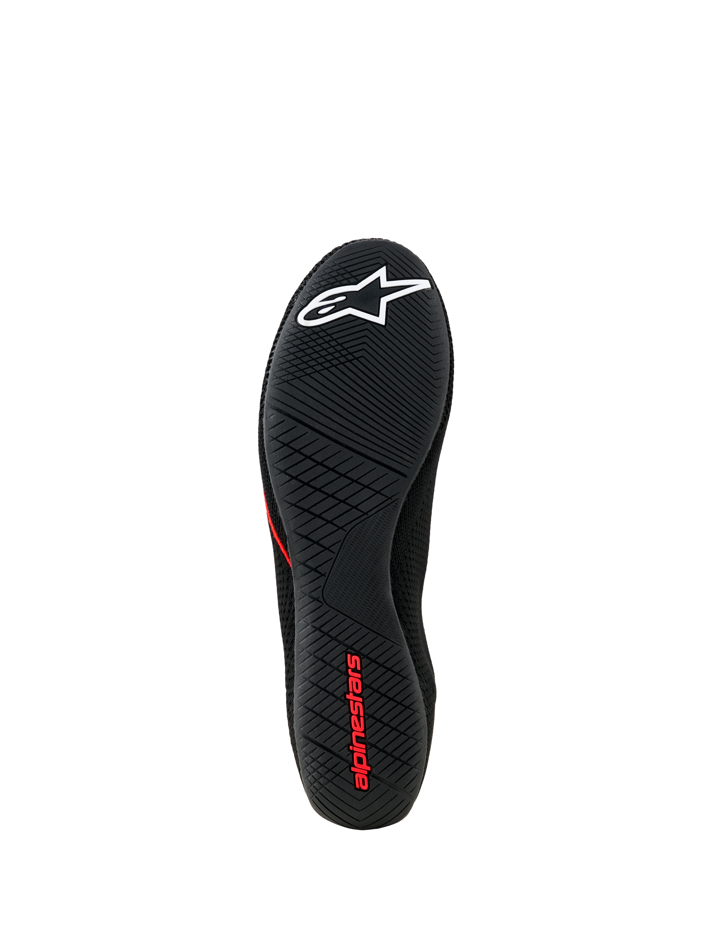 Alpinestars Tech Gaming Sko, visning af ydersål, sort ultratynd gummisål med tekstureret gribemønster, hvidt stjernelogo og rød Alpinestars-branding, SIM-racing-fodtøj