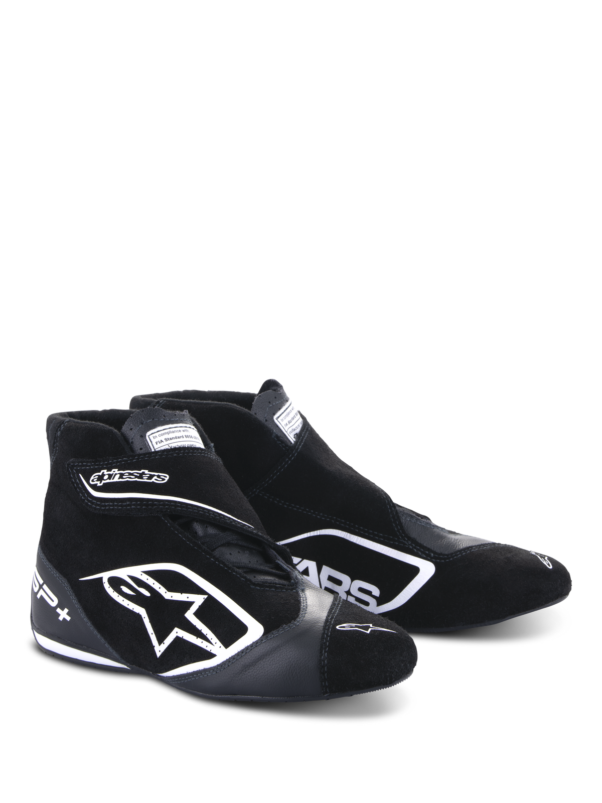 Alpinestars SP+ sko, racingstøvler til motorsport, sort og hvid, med et stort hvidt stjernelogo, høj profil med ankelrem, konstruktion i ruskind og læder og en tynd performance-sål