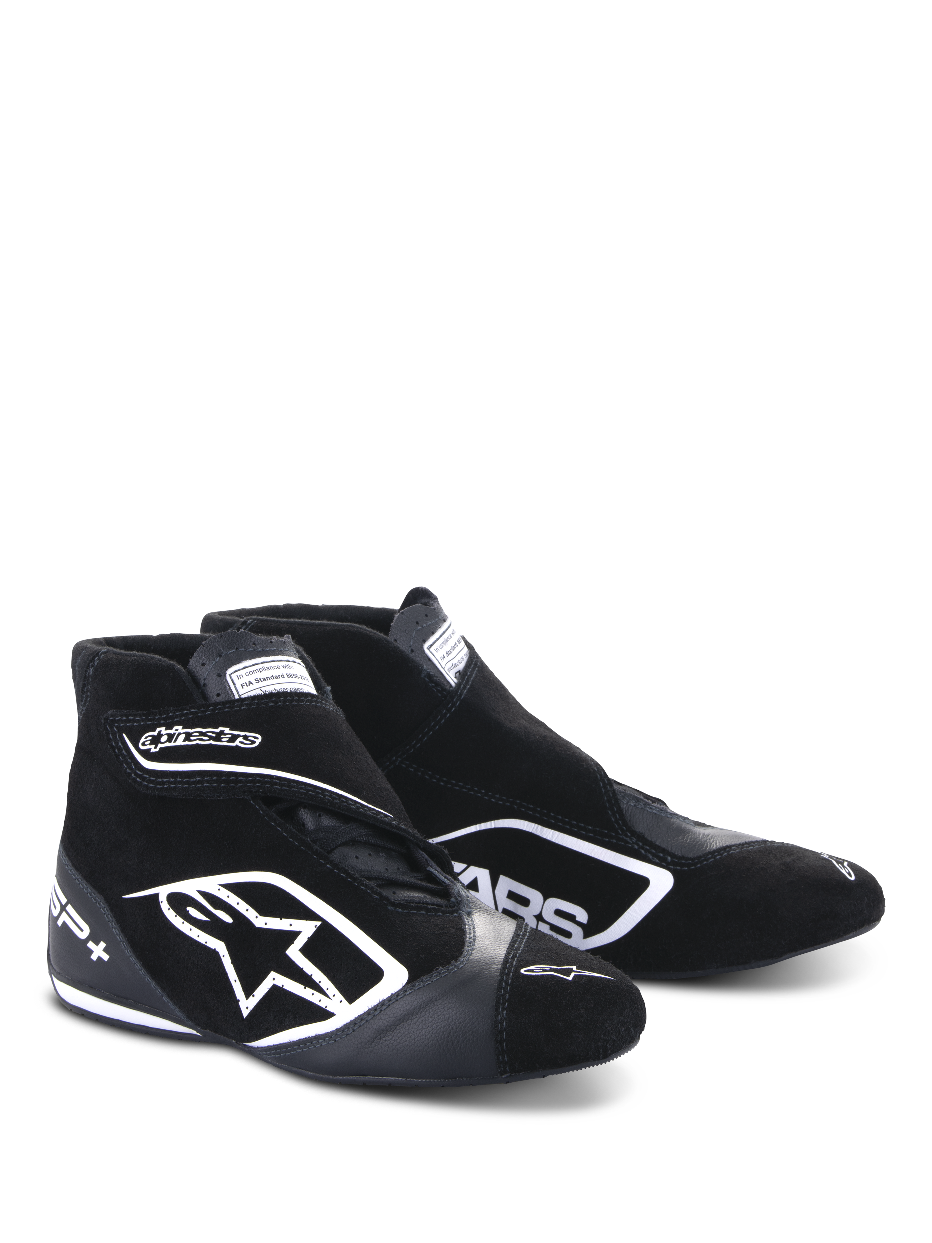 Alpinestars SP+ sko, racingstøvler til motorsport, sort og hvid, med et stort hvidt stjernelogo, høj profil med ankelrem, konstruktion i ruskind og læder og en tynd performance-sål