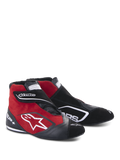 Alpinestars SP+ sko, høje racingsko, sort og rød, konstruktion i ruskind og læder, hvidt stjernelogo på siden, justerbar velcrorem, professionelt motorsportfodtøj med ankelstøtte