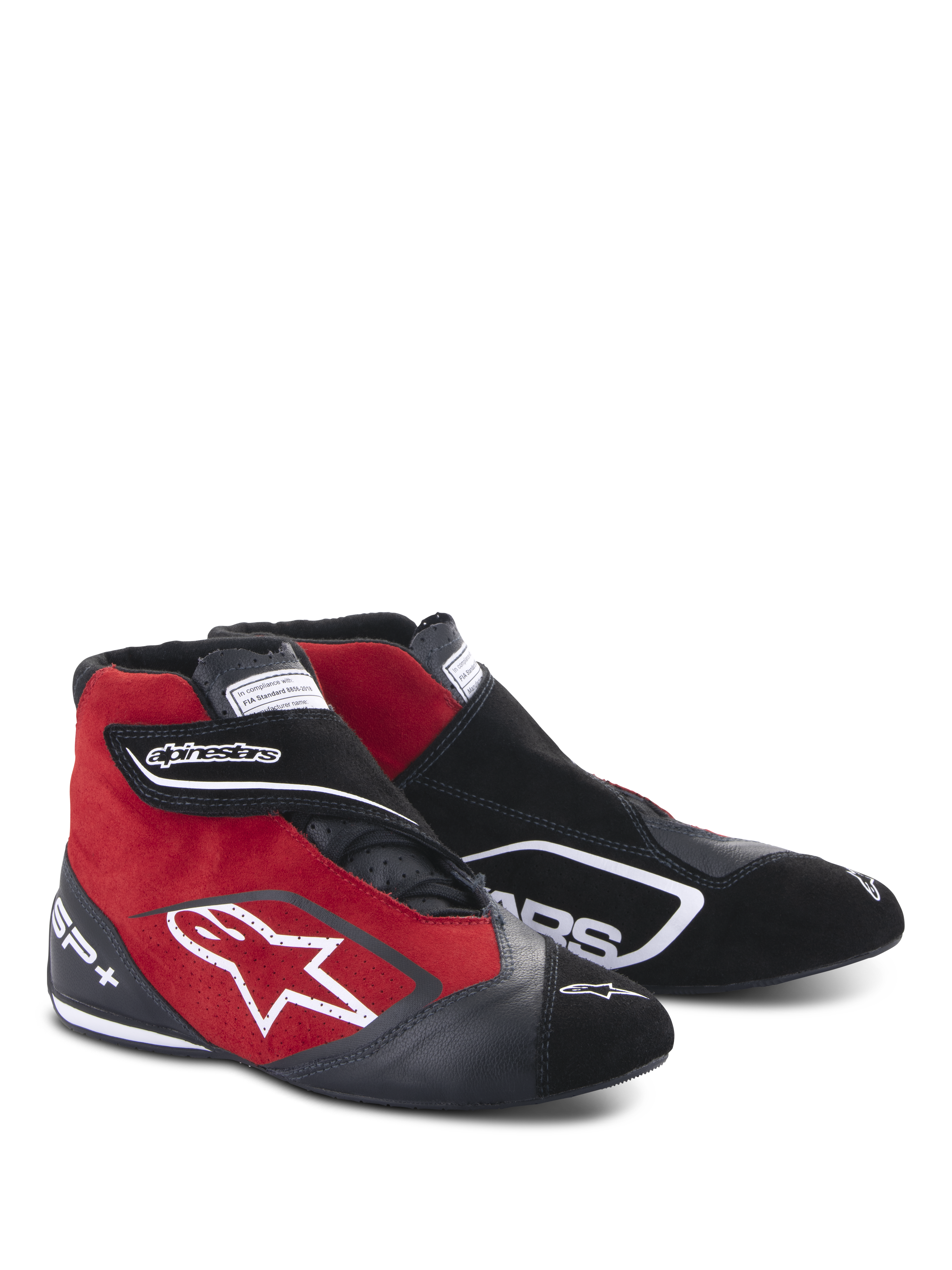 Alpinestars SP+ sko, høje racingsko, sort og rød, konstruktion i ruskind og læder, hvidt stjernelogo på siden, justerbar velcrorem, professionelt motorsportfodtøj med ankelstøtte