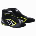 Alpinestars SP+ sko, racersko til biler, sort og neongul, højt design med hvidt stjernelogo og neongule detaljer, læder- og ruskindskonstruktion, tynde F1-inspirerede gummisåler, sporty motorsport-æstetik