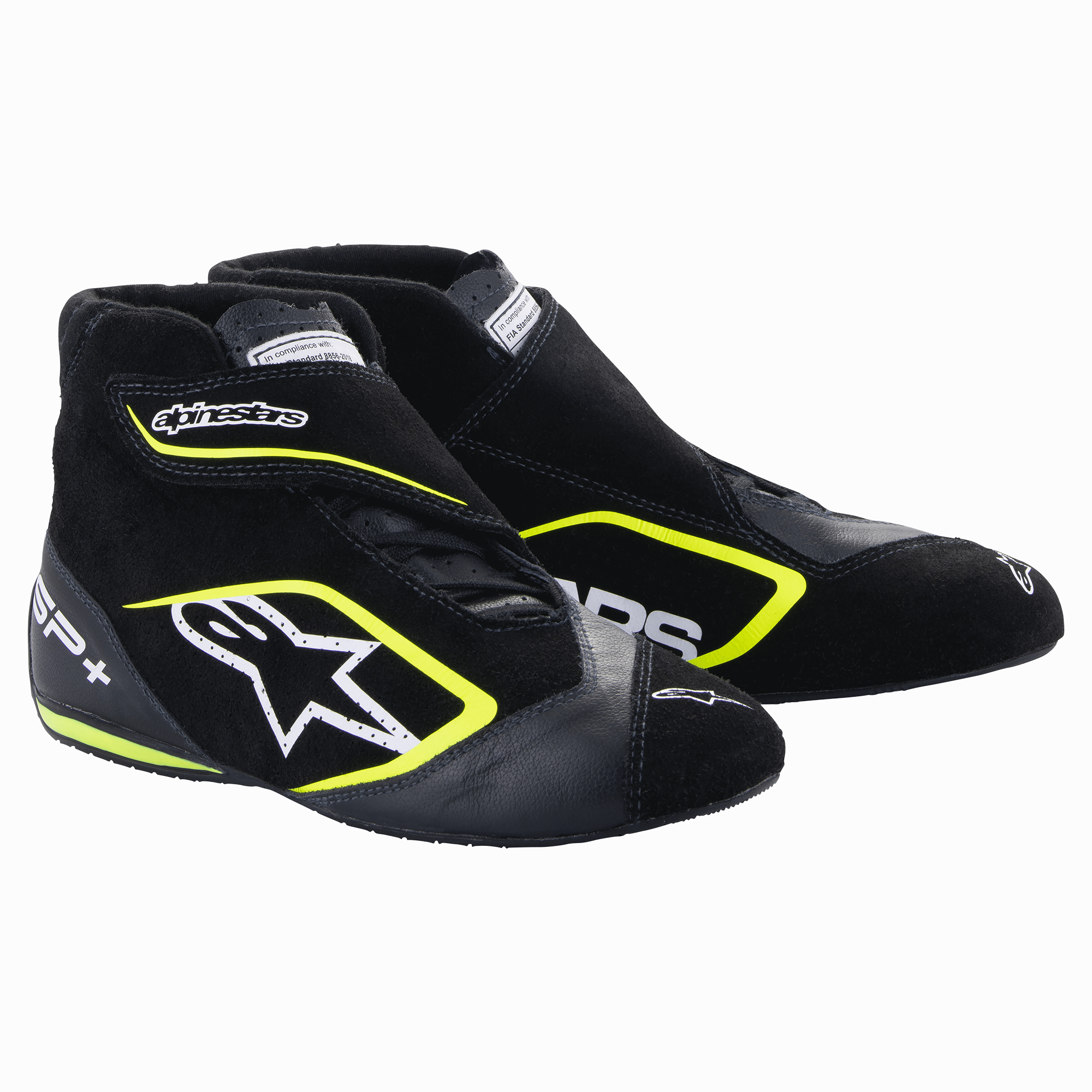 Alpinestars SP+ sko, racersko til biler, sort og neongul, højt design med hvidt stjernelogo og neongule detaljer, læder- og ruskindskonstruktion, tynde F1-inspirerede gummisåler, sporty motorsport-æstetik