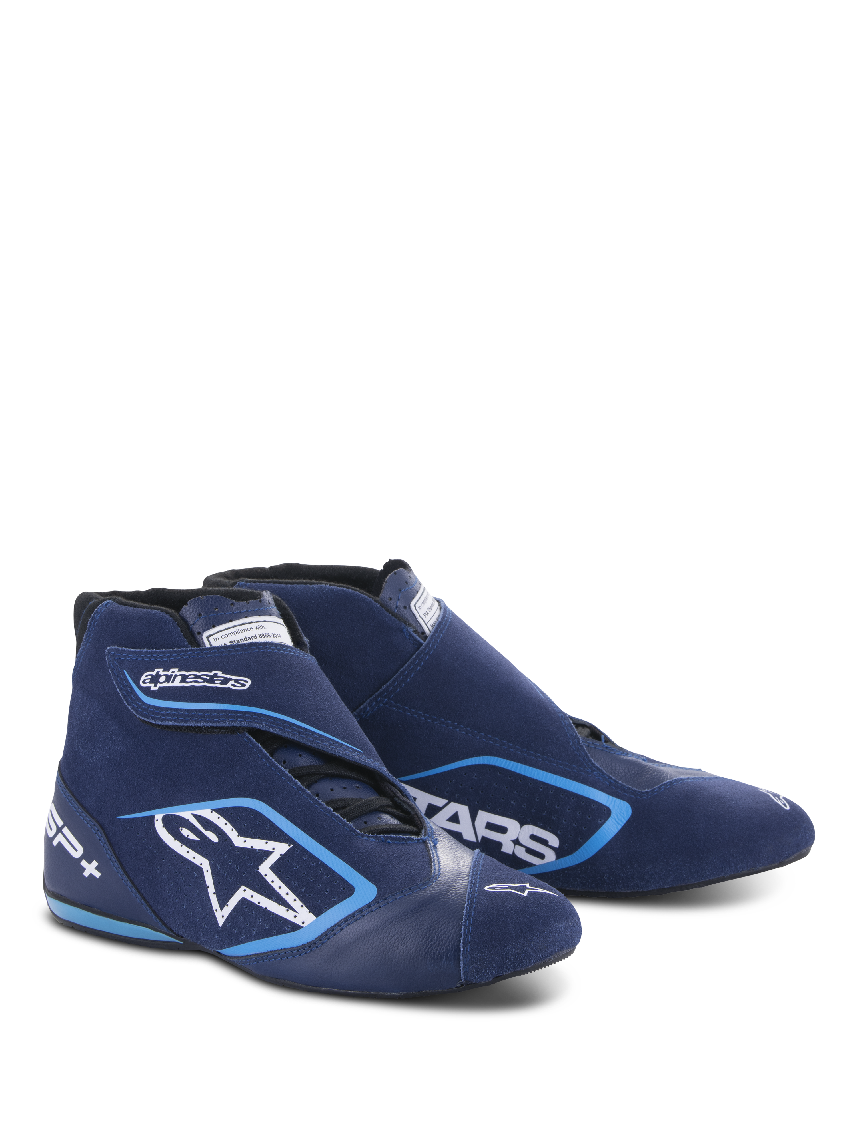 Alpinestars SP+ sko, racingsko til motorsport, ultramarinblå og lyseblå, high-top design i ruskind og læder, med stort hvidt stjernelogo og SP+-branding, aerodynamisk form til professionel motorsport