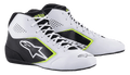 Alpinestars Tech-1 K Start V2 sko, karting sko, hvid, sort og gul fluo, med perforerede sidepaneler, stort hvidt stjerne-logo og neon-gule detaljer, professionelt motorsport-fodtøj