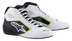 Alpinestars Tech-1 K Start V2 sko, karting sko, hvid, sort og gul fluo, med perforerede sidepaneler, stort hvidt stjerne-logo og neon-gule detaljer, professionelt motorsport-fodtøj