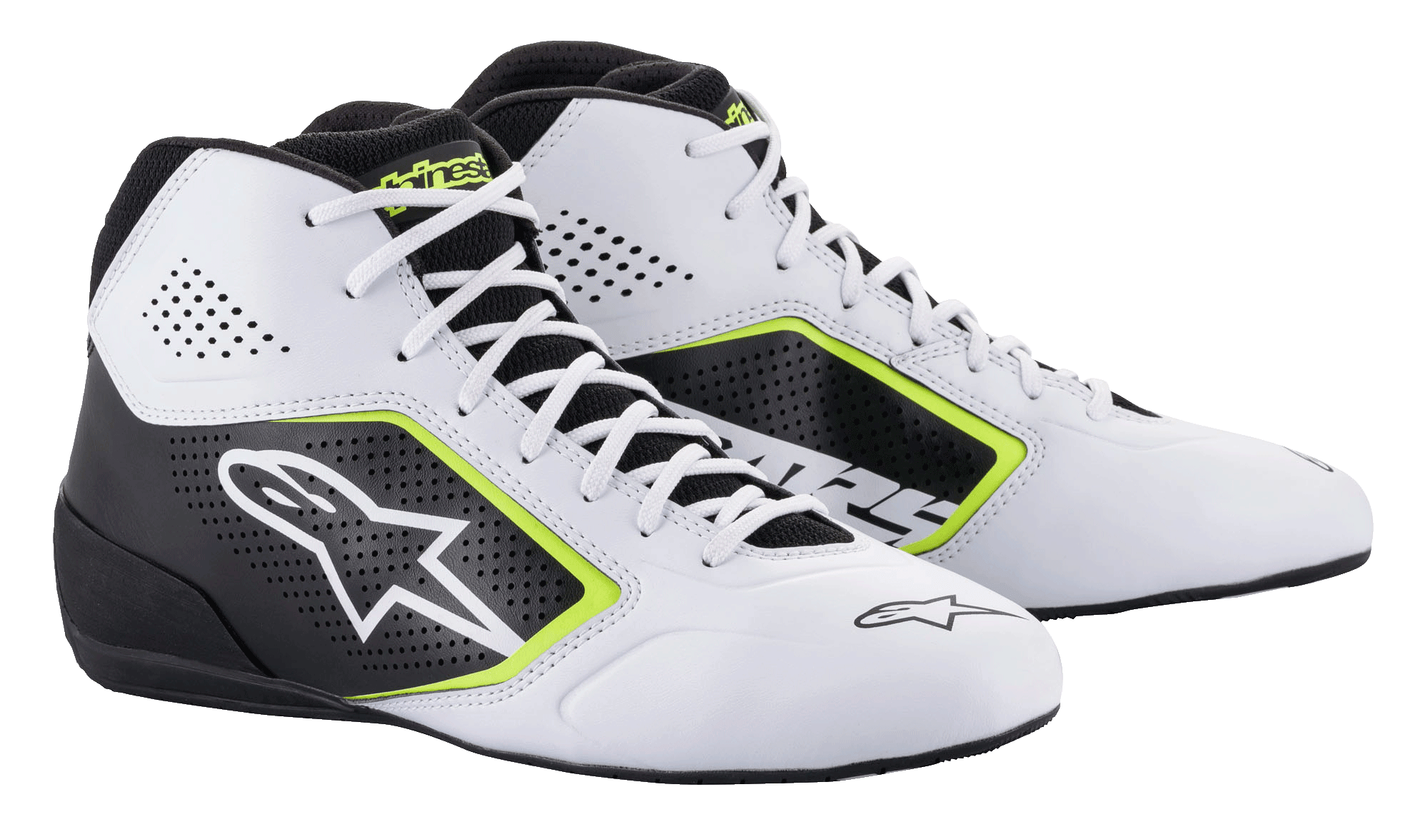 Alpinestars Tech-1 K Start V2 sko, karting sko, hvid, sort og gul fluo, med perforerede sidepaneler, stort hvidt stjerne-logo og neon-gule detaljer, professionelt motorsport-fodtøj