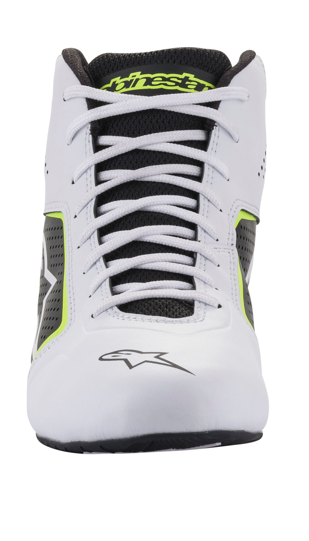 Alpinestars Tech-1 K Start V2 sko, karting-sko, hvid, sort og fluorescerende gul, set forfra med hvide snørebånd, sort mesh-pløs med gult branding og hvid mikrofiber-konstruktion med perforerede sidepaneler.