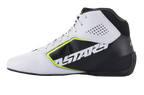Alpinestars Tech-1 K Start V2 sko, kartingsko, hvid, sort og gul fluo, set fra siden med en perforeret hvid mikrofiberoverdel, sort sidepanel med markant ASTARS-branding, neongule detaljer og en strømlinet sort sål.
