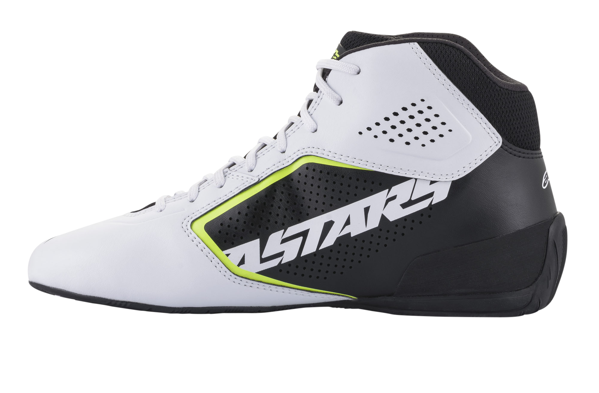Alpinestars Tech-1 K Start V2 sko, kartingsko, hvid, sort og gul fluo, set fra siden med en perforeret hvid mikrofiberoverdel, sort sidepanel med markant ASTARS-branding, neongule detaljer og en strømlinet sort sål.