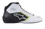 Alpinestars Tech-1 K Start V2 sko, karting-sko, hvid, sort og fluorescerende gul, sideprofil med perforerede mikrofiberpaneler, hvidt Alpinestars-logo med fluorescerende gul kant, strømlinet motorsportsdesign til karting