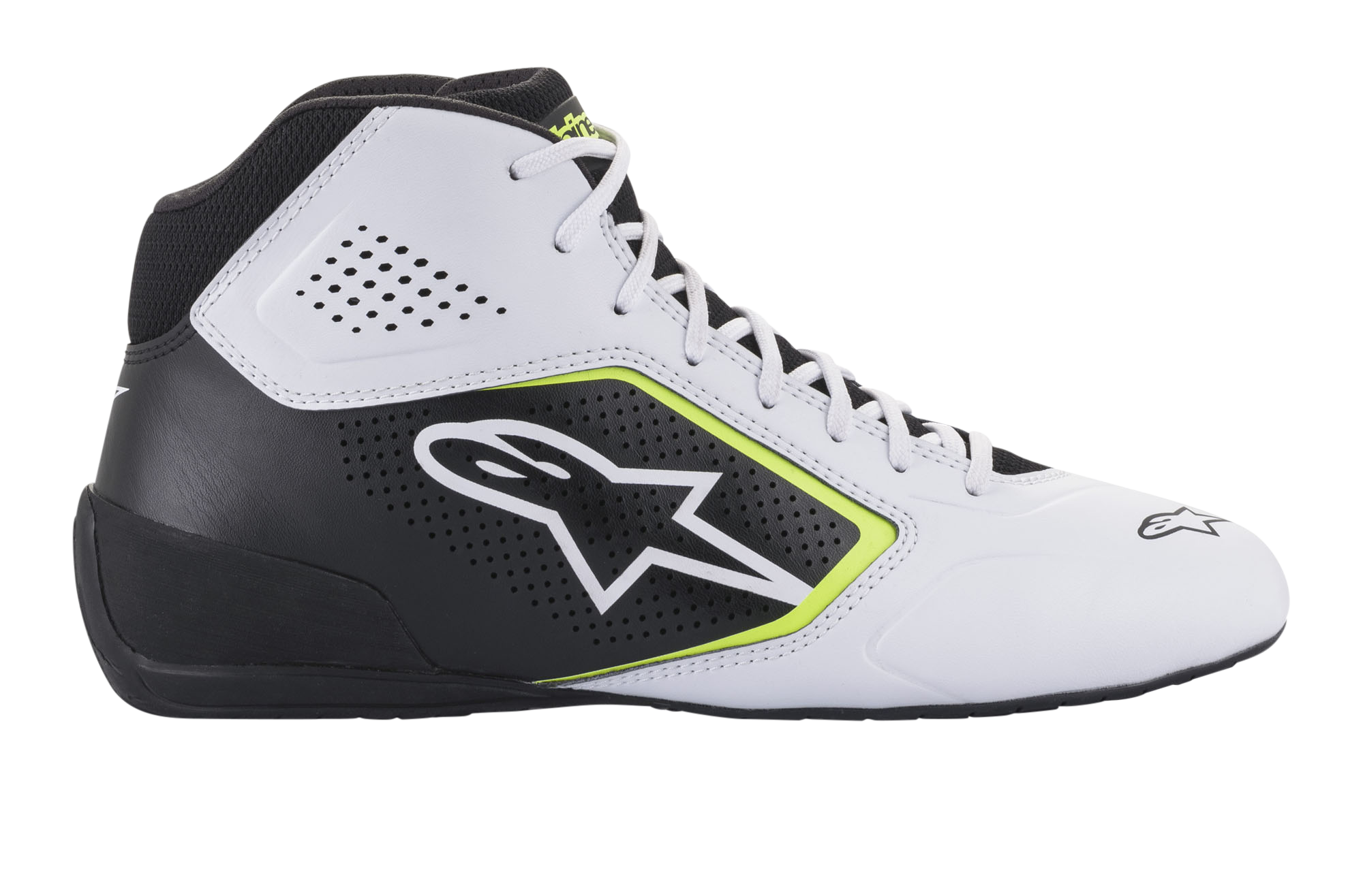 Alpinestars Tech-1 K Start V2 sko, karting-sko, hvid, sort og fluorescerende gul, sideprofil med perforerede mikrofiberpaneler, hvidt Alpinestars-logo med fluorescerende gul kant, strømlinet motorsportsdesign til karting