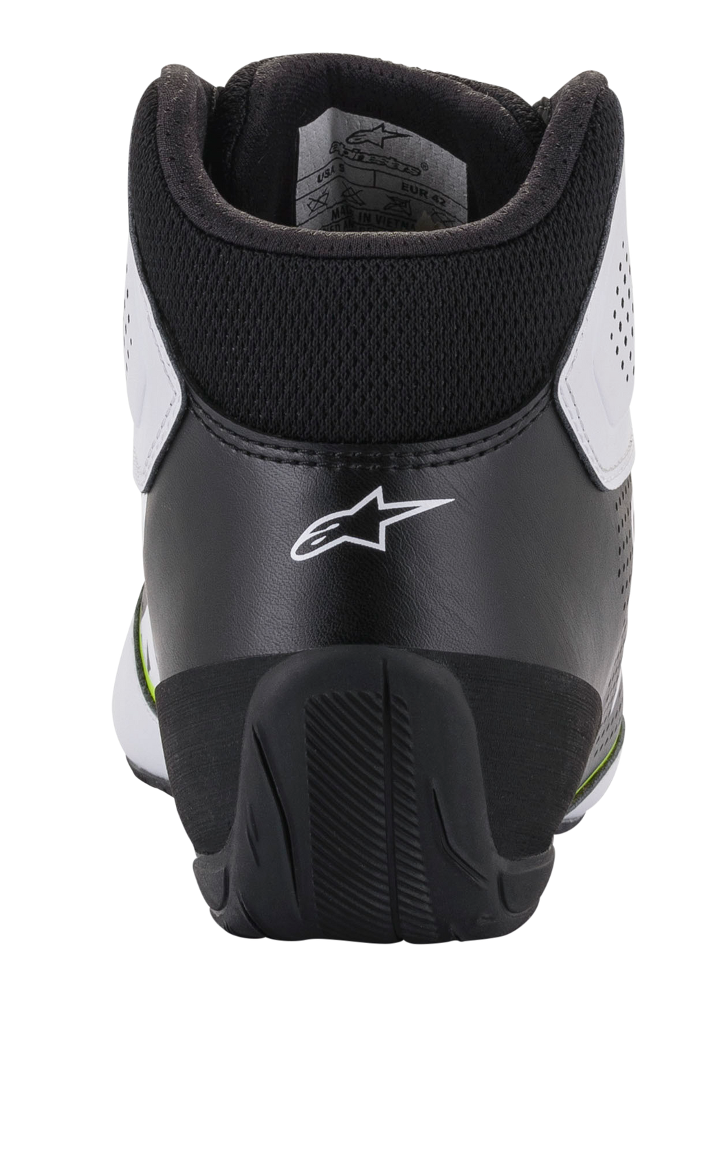 Alpinestars Tech-1 K Start V2 sko, kartingsko, hvid, sort og neon gul, set bagfra viser ergonomisk sort hælkappe med hvidt stjernelogo, polstret krave og holdbar gummiydersål til motorsport-ydeevne