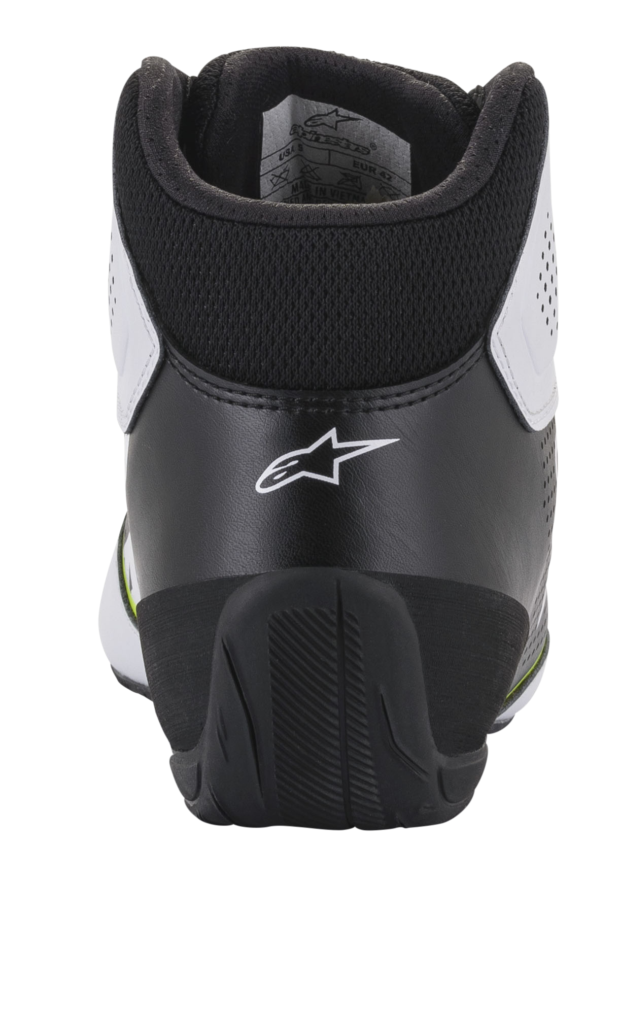 Alpinestars Tech-1 K Start V2 sko, kartingsko, hvid, sort og neon gul, set bagfra viser ergonomisk sort hælkappe med hvidt stjernelogo, polstret krave og holdbar gummiydersål til motorsport-ydeevne