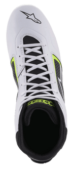 Alpinestars Tech-1 K Start V2 sko, karting-sko, hvid, sort og fluoriserende gul, set oppefra med hvid mikrofiber-overdel, hvide snørebånd og sort mesh-inderside med gult logo