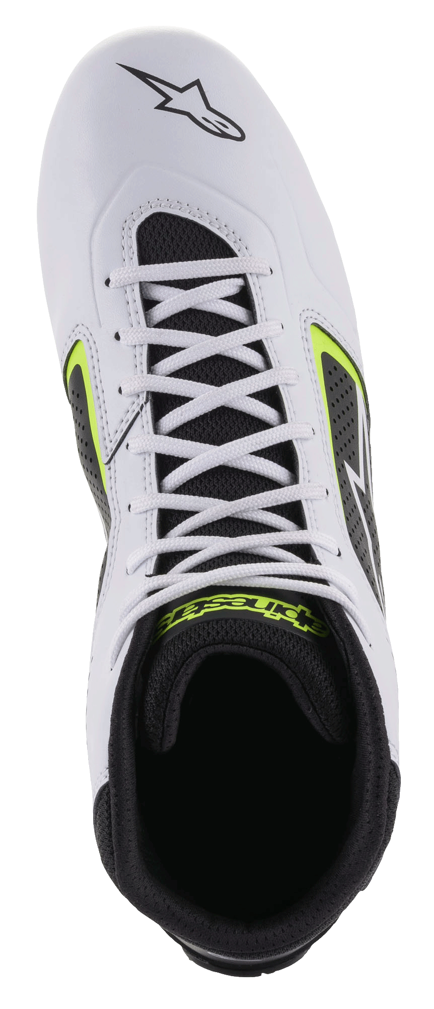 Alpinestars Tech-1 K Start V2 sko, karting-sko, hvid, sort og fluoriserende gul, set oppefra med hvid mikrofiber-overdel, hvide snørebånd og sort mesh-inderside med gult logo