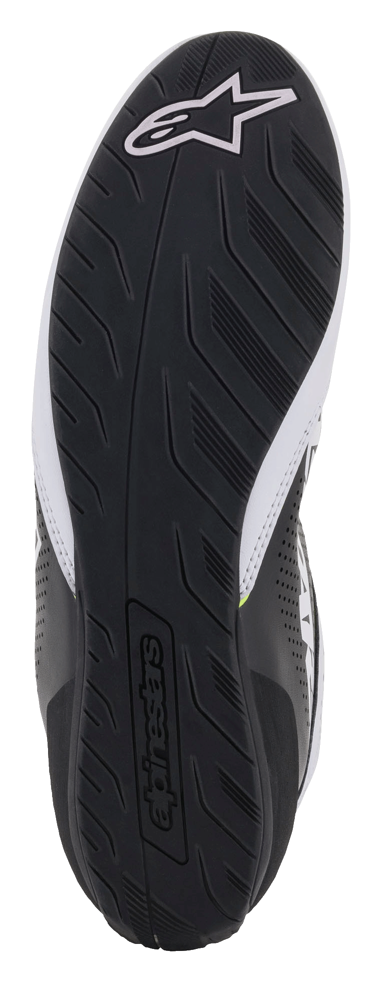Alpinestars Tech-1 K Start V2 sko, set fra bunden med sort gummisål, tekstureret mønster for optimalt greb, hvidt Alpinestars-logo og præget navnetræk, karting fodtøj