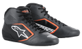 Alpinestars Tech-1 K Start V2 sko, kartingsko, Asphalt Black og Orange Fluo, med perforeret mikrofiber-overdel og klare orange detaljer, hvidt Astar-logo på siden, strømlinet racerdesign med lav profil