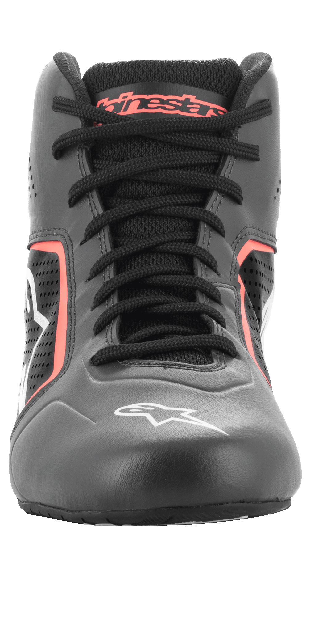 Alpinestars Tech-1 K Start V2 sko, kartingsko, Asphalt Black og Orange Fluo, set forfra viser sorte snørebånd, orange Alpinestars-branding på pløsen, hvidt stjernelogo på snuden og perforerede mikrofiberpaneler