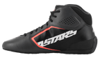 Alpinestars Tech-1 K Start V2 sko, karting-sko, asfalt sort og orange fluo, sideprofil med stort hvidt ASTARS-logo, perforeret mikrofiber-overdel med orange fluorescerende detaljer, strømlinet motorsport-design