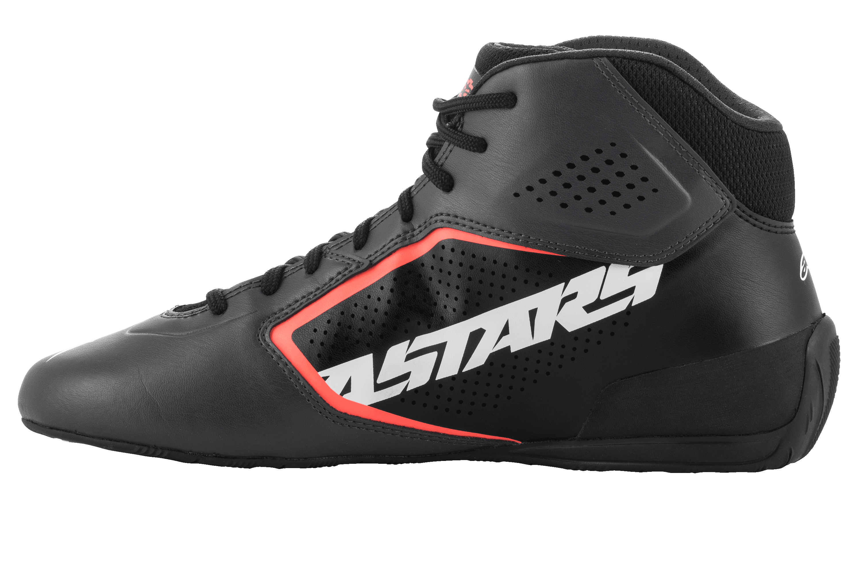 Alpinestars Tech-1 K Start V2 sko, karting-sko, asfalt sort og orange fluo, sideprofil med stort hvidt ASTARS-logo, perforeret mikrofiber-overdel med orange fluorescerende detaljer, strømlinet motorsport-design