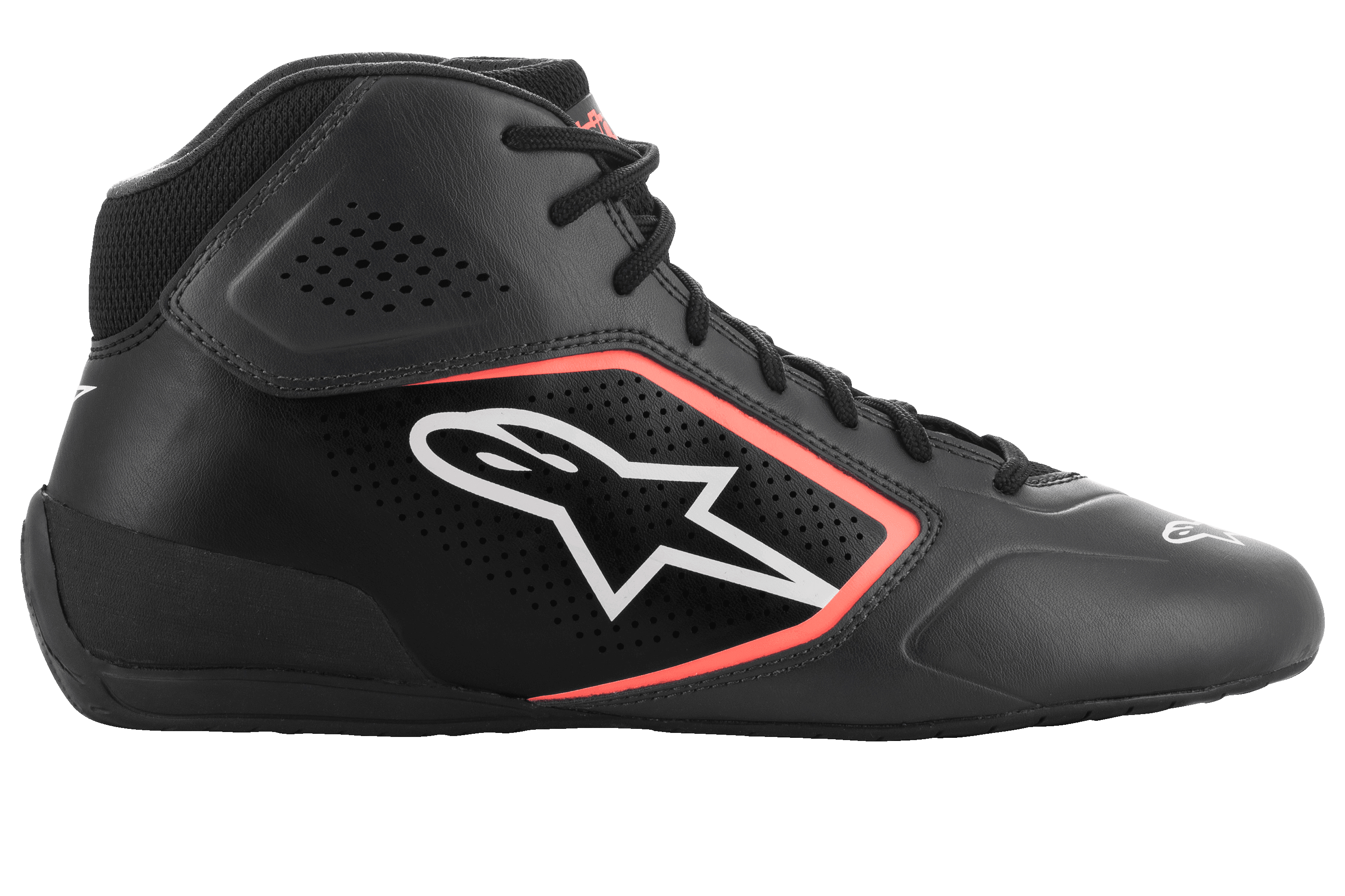 Alpinestars Tech-1 K Start V2 sko, kartingsko, asfaltsort og neonorange, sideprofil med mikrofiberoverdel med laserperforeringer, hvidt Alpinestars-logo med orange omrids og sorte snørebånd
