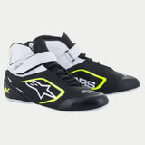 Alpinestars Tech-1 K V2 sko, karting-fodtøj, sort, hvid og gul fluo, mid-top racingsko med perforeret mikrofiber, dobbelt lukkesystem med hvid velcrostrop og snørebånd, markant Alpinestars-branding på siden
