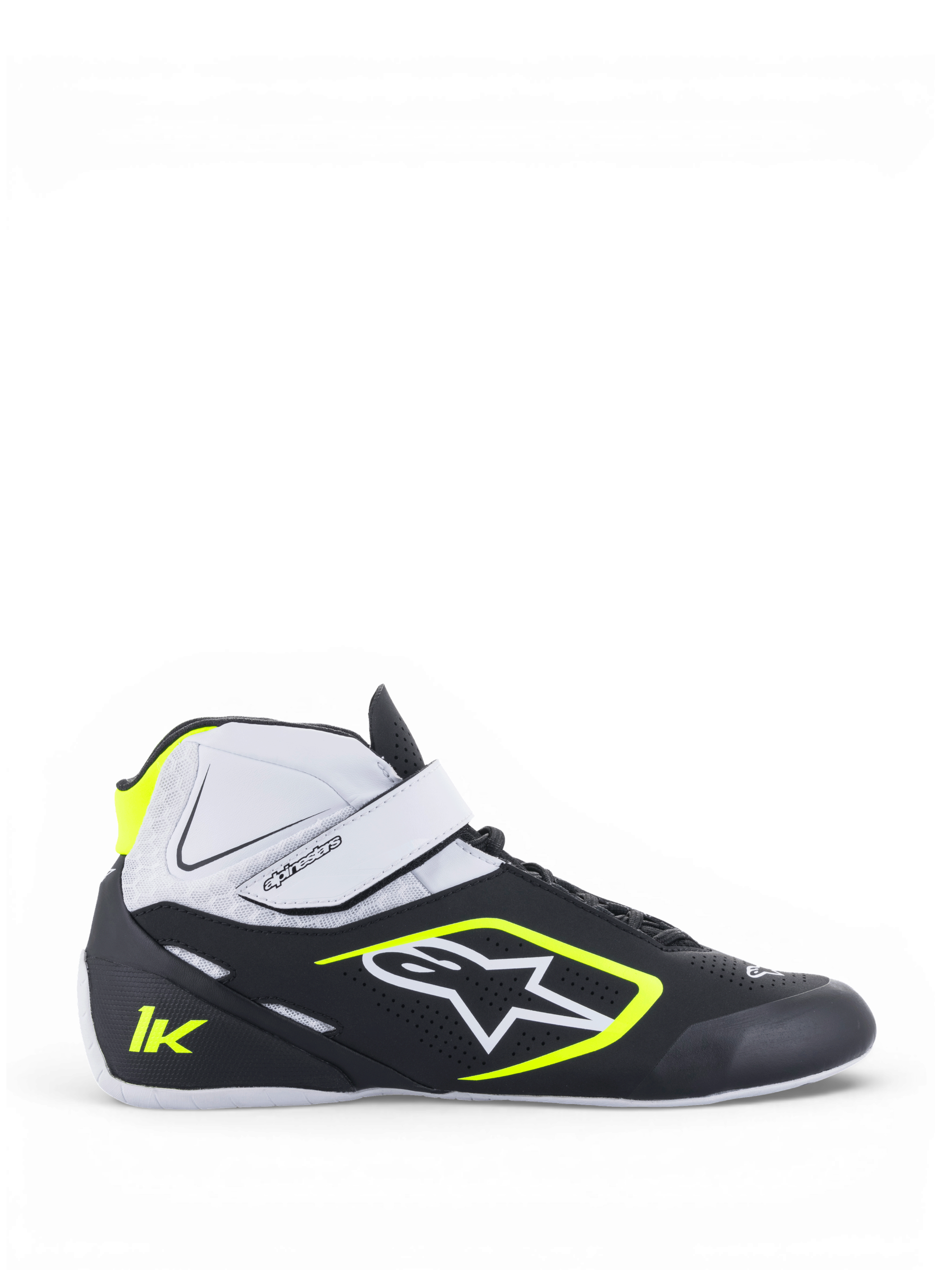 Alpinestars Tech-1 K V2 Shoes, Men's Karting Racing Shoes, Black, White and Yellow Fluo, lightweight microfiber construction with dual closure system and high-grip Formula 1 spec rubber sole.