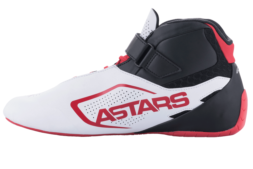 Alpinestars Tech-1 K V2 Shoes, Karting Shoes, White Black and Red, side view featuring red ASTARS branding on a white perforated panel, black upper with hook-and-loop strap and red laces, thin red sole for precision driving