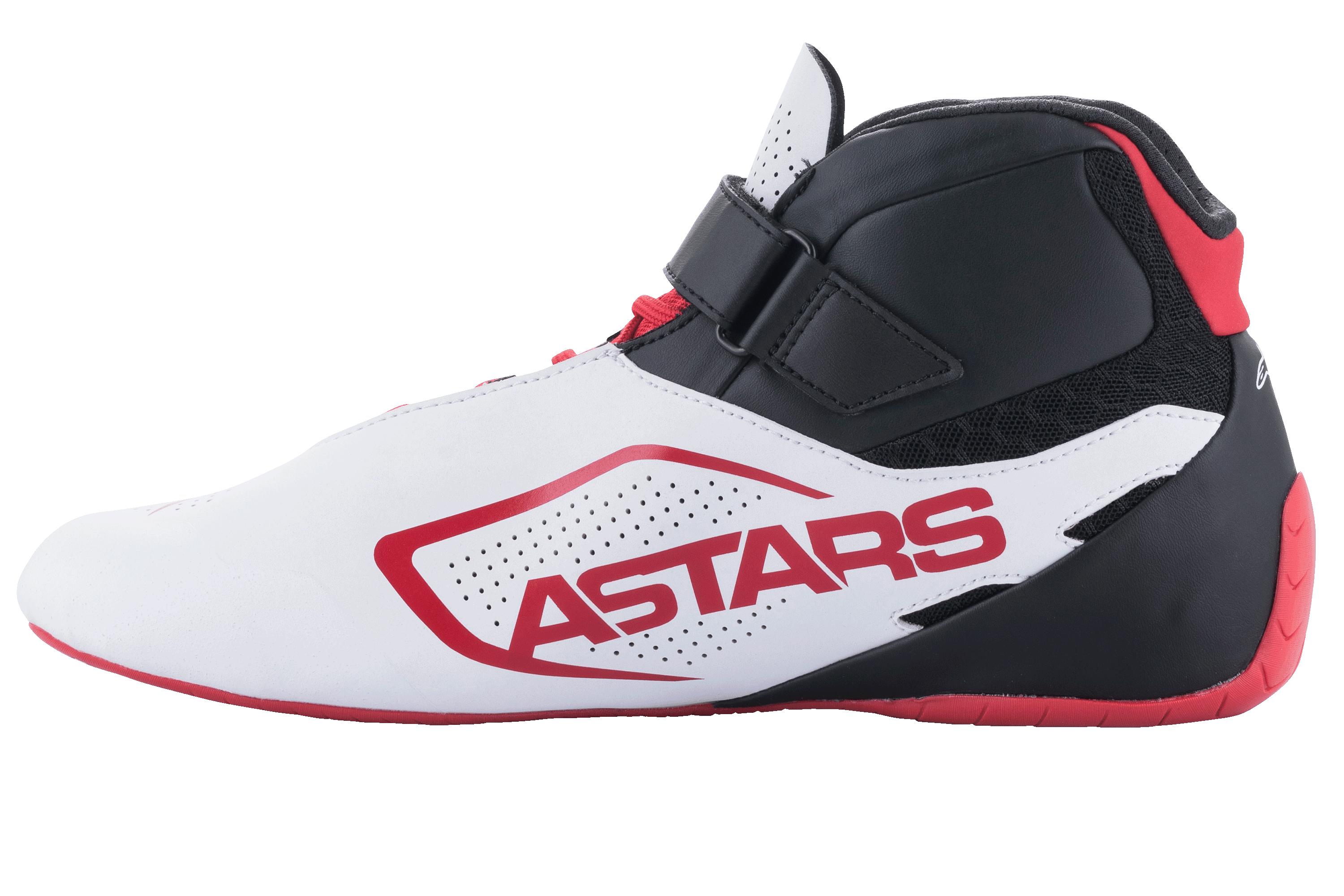 Alpinestars Tech-1 K V2 Shoes, Karting Shoes, White Black and Red, side view featuring red ASTARS branding on a white perforated panel, black upper with hook-and-loop strap and red laces, thin red sole for precision driving