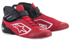 Alpinestars Tech-1 K V2 kartingsko, rød, sort og hvid, mellemhøj racingsko med røde snørebånd og sort velcro-ankelrem, perforeret mikrofiber-overdel med hvide Alpinestars-logoer, ergonomisk design til professionel karting