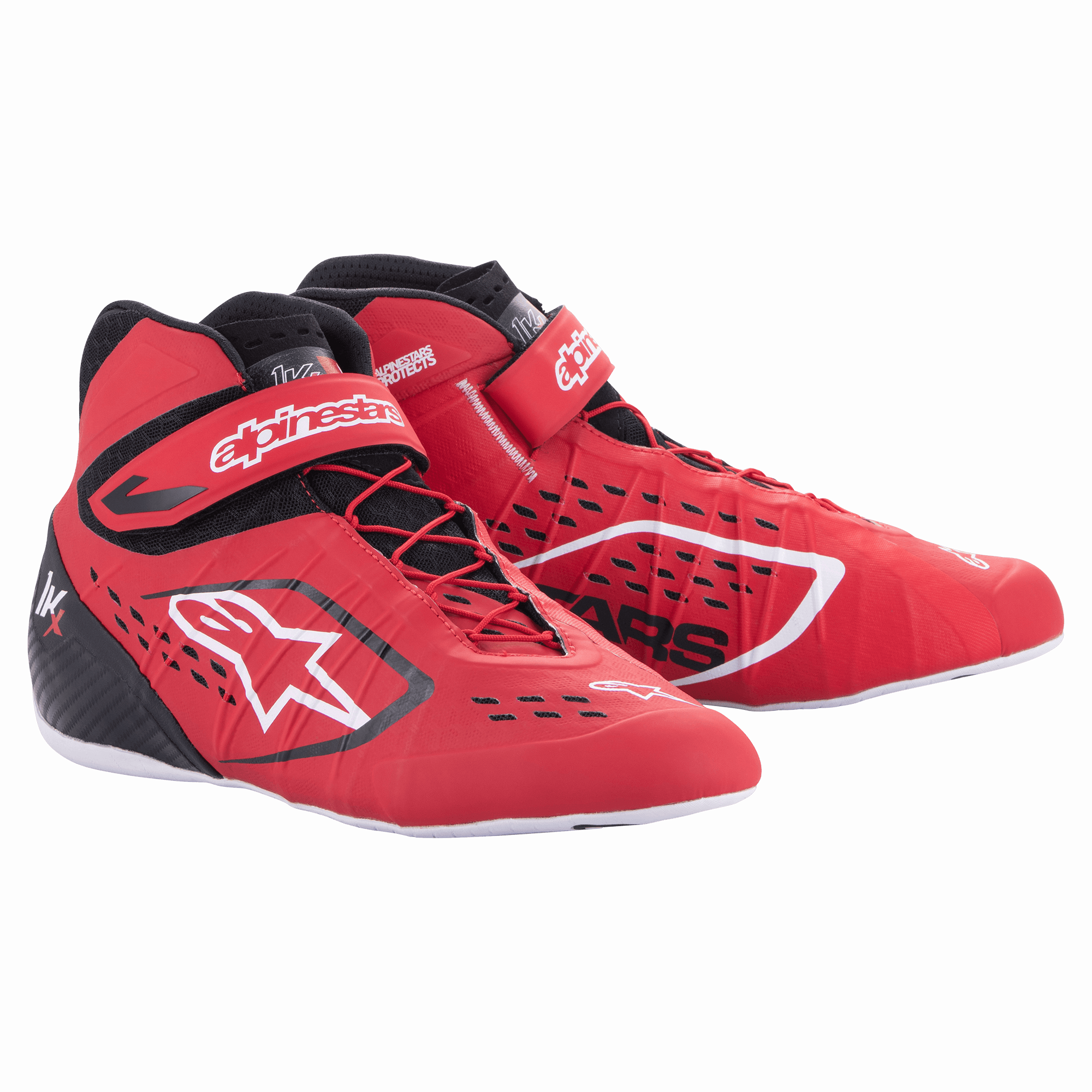 Alpinestars Tech-1 KX V2-sko, karting-racersko, rød, sort og hvid, high-top design med velcrostropper, hvid sål, åndbar perforeret konstruktion, professionelt motorsportfodtøj