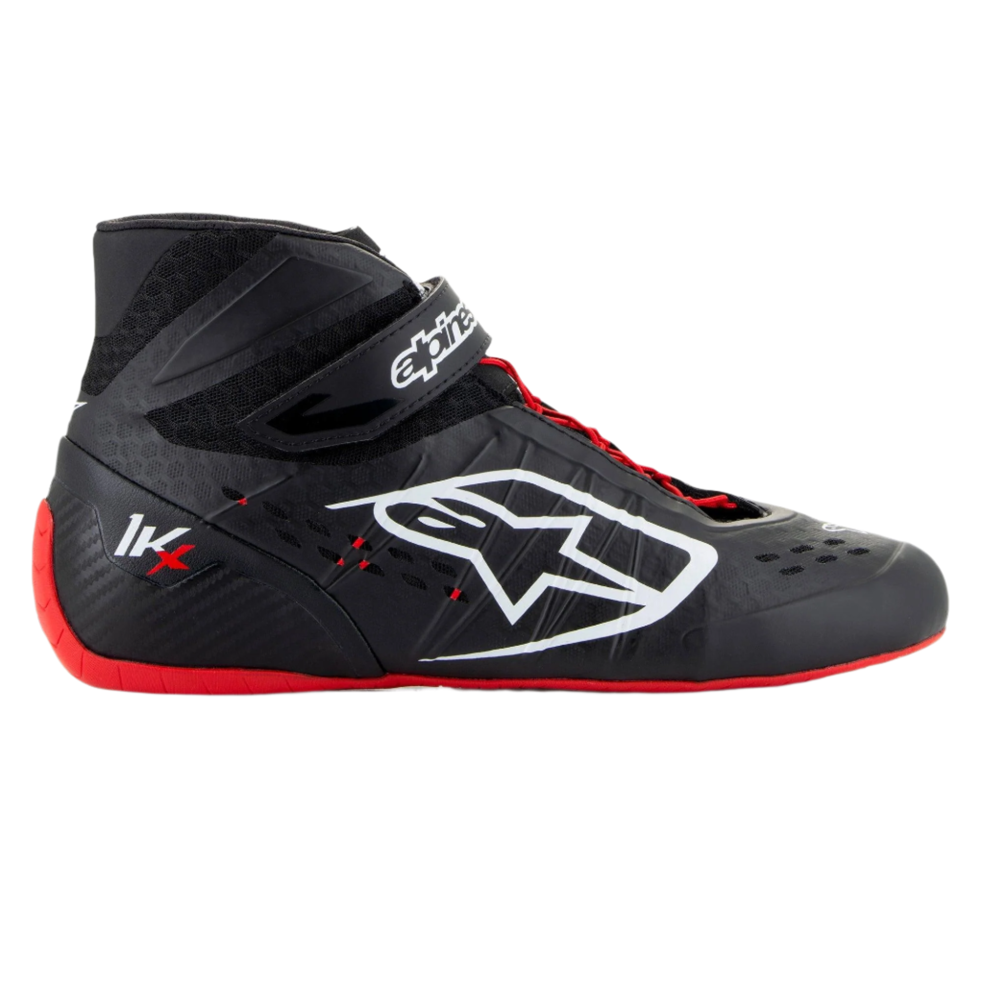 Alpinestars Tech-1 KX V3 sko, karting racingsko, sort, hvid og rød, sideprofil med sømløs termosvejset konstruktion, stort hvidt logo på siden, high-top design med velcrostrop og tynd rød gummisål
