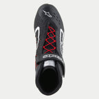 Alpinestars Tech-1 KX V3 sko, kartingsko, sort, hvid og rød, set oppefra med røde snørebånd og en sort ankelstrop med hvidt branding, hvidt Alpinestars-logo på tåen, strømlinet åndbart design til motorsport.