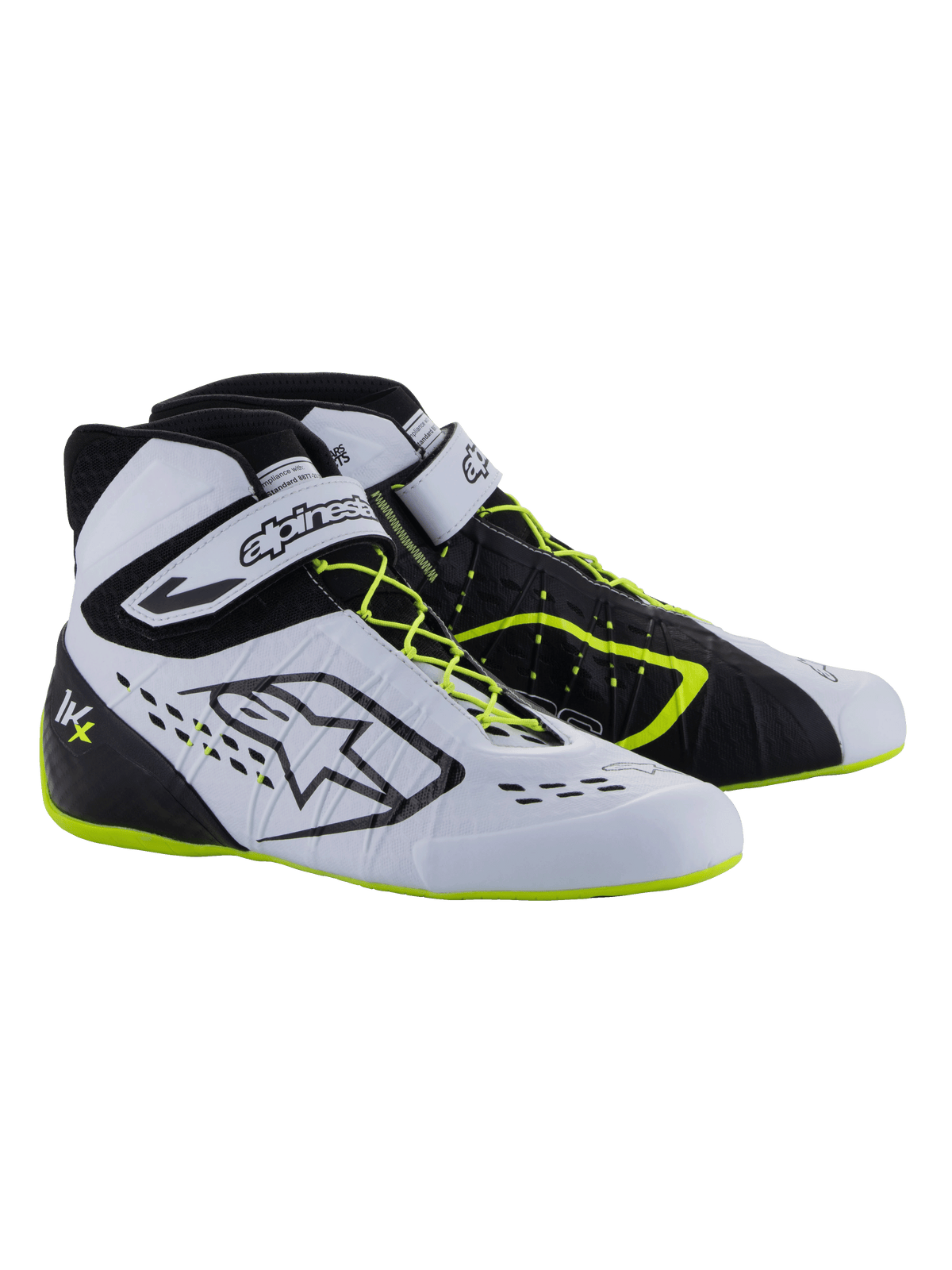 Alpinestars Tech-1 KX V3 sko - FIA, kartingsko, sort, hvid og gul fluo, højtydende racersko med asymmetrisk snøresystem, velcro-ankelrem, neongule detaljer på snørebåndene og sålen og åndbare laserudskårne paneler