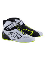 Alpinestars Tech-1 KX V3 sko - FIA, kartingsko, sort, hvid og gul fluo, højtydende racersko med asymmetrisk snøresystem, velcro-ankelrem, neongule detaljer på snørebåndene og sålen og åndbare laserudskårne paneler