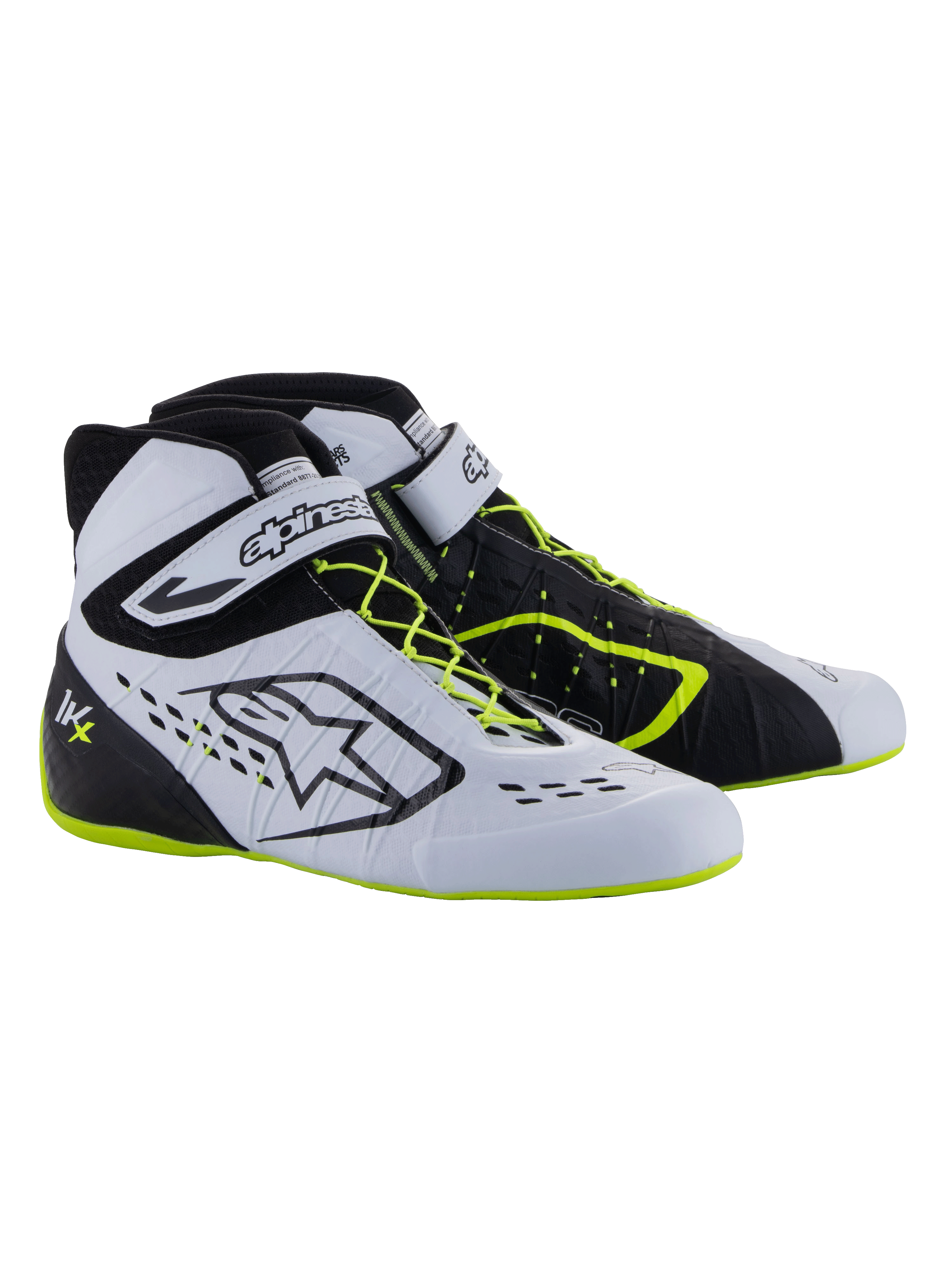 Alpinestars Tech-1 KX V3 sko - FIA, kartingsko, sort, hvid og gul fluo, højtydende racersko med asymmetrisk snøresystem, velcro-ankelrem, neongule detaljer på snørebåndene og sålen og åndbare laserudskårne paneler