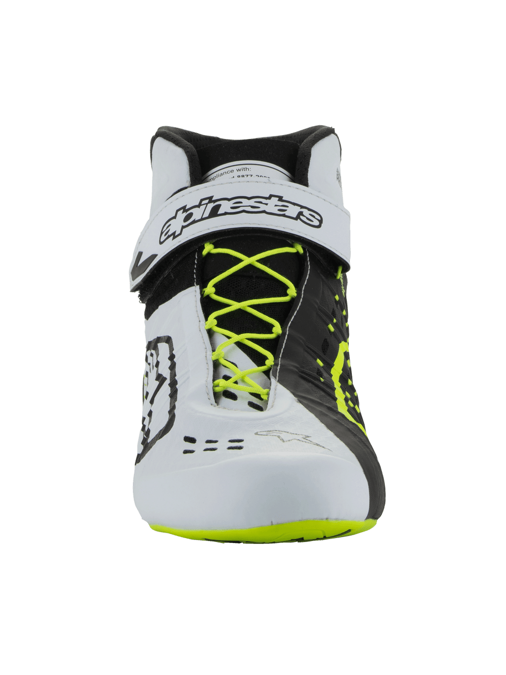 Alpinestars Tech-1 KX V3-sko - FIA, karting-fodtøj, sort, hvid og gul fluo, set forfra med fluorescerende gule snørebånd, hvid ankelrem med sort branding, asymmetrisk farveblokeret design og laserskårne ventilationsdetaljer