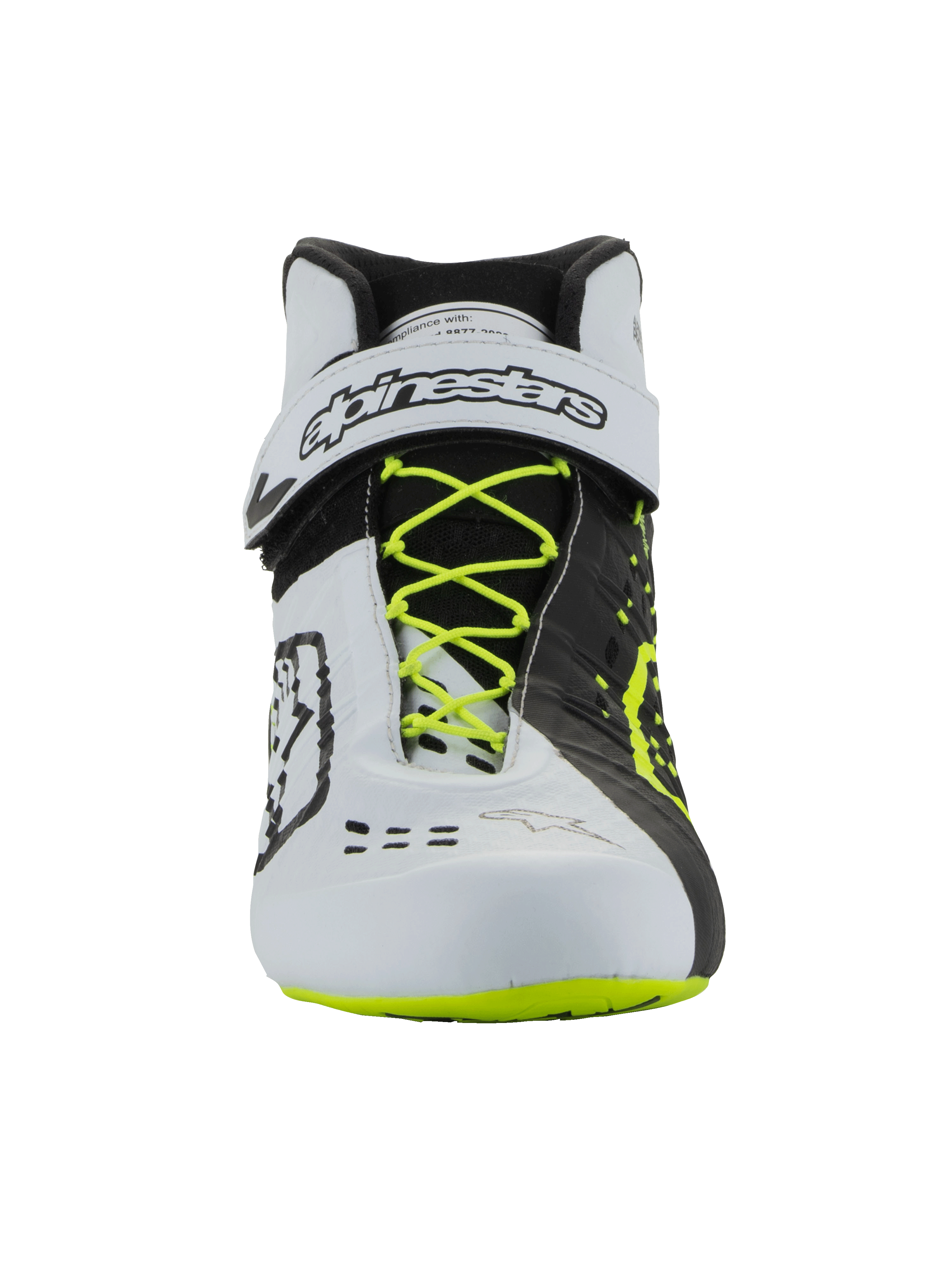 Alpinestars Tech-1 KX V3-sko - FIA, karting-fodtøj, sort, hvid og gul fluo, set forfra med fluorescerende gule snørebånd, hvid ankelrem med sort branding, asymmetrisk farveblokeret design og laserskårne ventilationsdetaljer