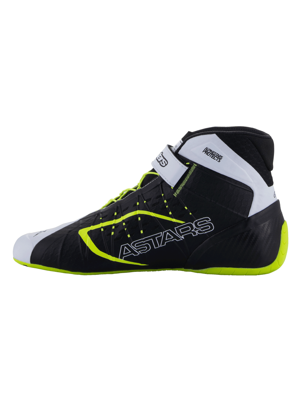 Alpinestars Tech-1 KX V3 sko - FIA, karting-sko, sort, hvid og neon gul, slank profil med ASTARS-branding på siden, justerbar rem og fluorescerende detaljer, letvægts racing-fodtøj