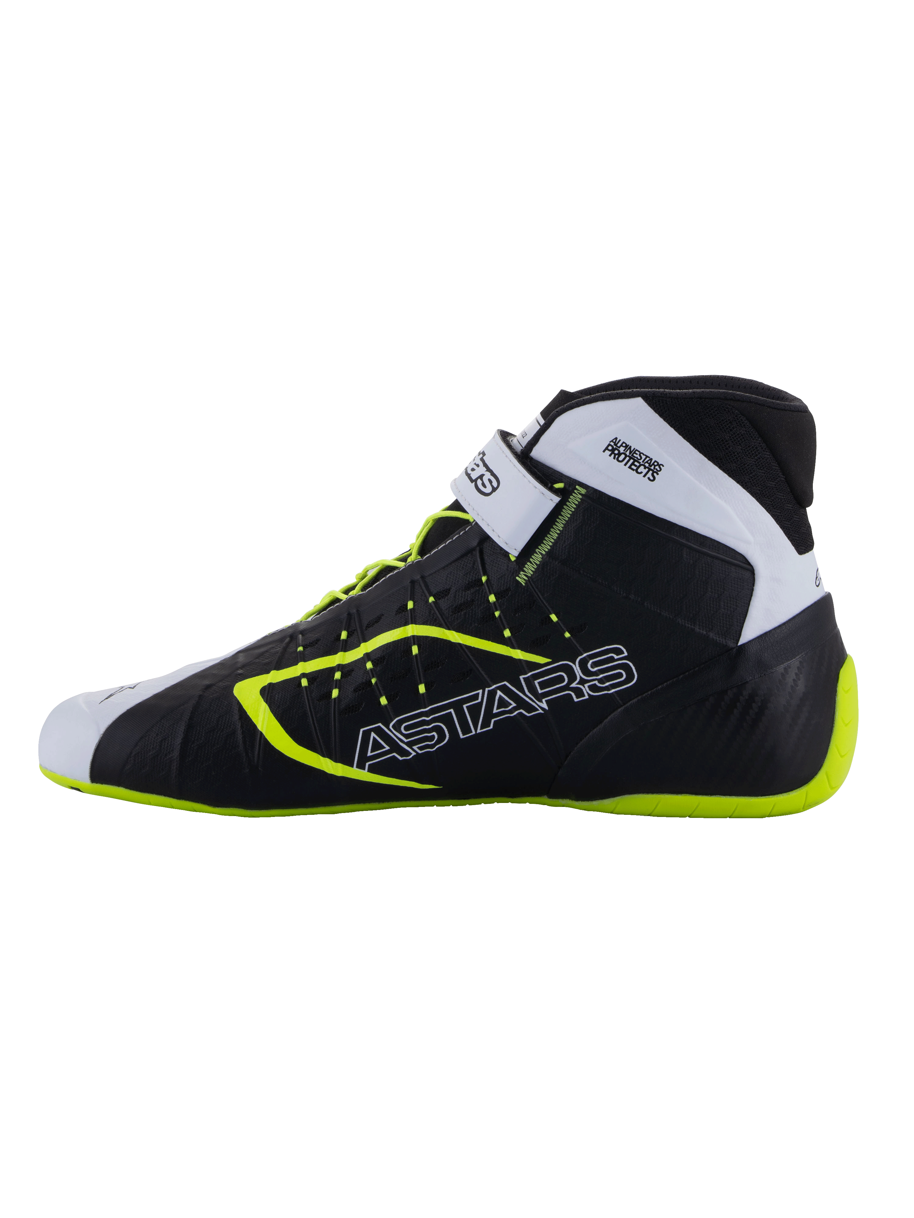 Alpinestars Tech-1 KX V3 sko - FIA, karting-sko, sort, hvid og neon gul, slank profil med ASTARS-branding på siden, justerbar rem og fluorescerende detaljer, letvægts racing-fodtøj