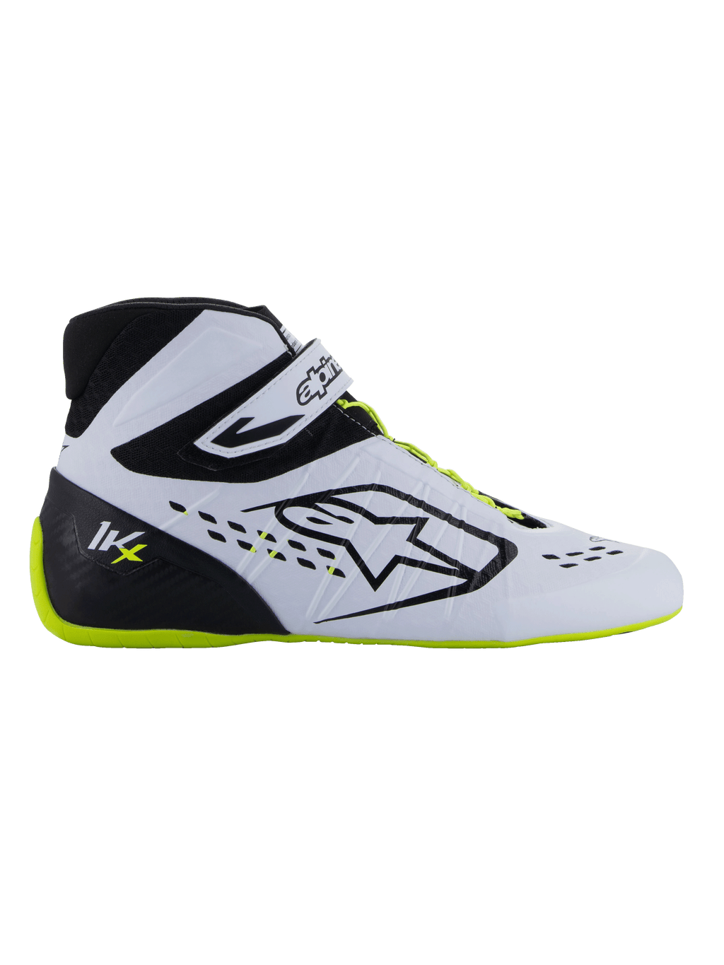 Alpinestars Tech-1 KX V3 sko - FIA, kartingsko, sort, hvid og fluorescerende gul, slank sideprofil med hvid termosvejset overdel, sort hælkappe med KX-logo, fluorescerende gul sål og snørebånd, professionelt motorsportdesign til karting